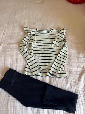 Zara Cream and Black Striped Ruffle Shoulder Long Sleeve Top